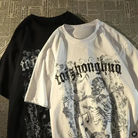 M-8XL American Street Trendy Brand Skull Element Print Trendy Men's T-shirt High Street Trendy Men's Clothing