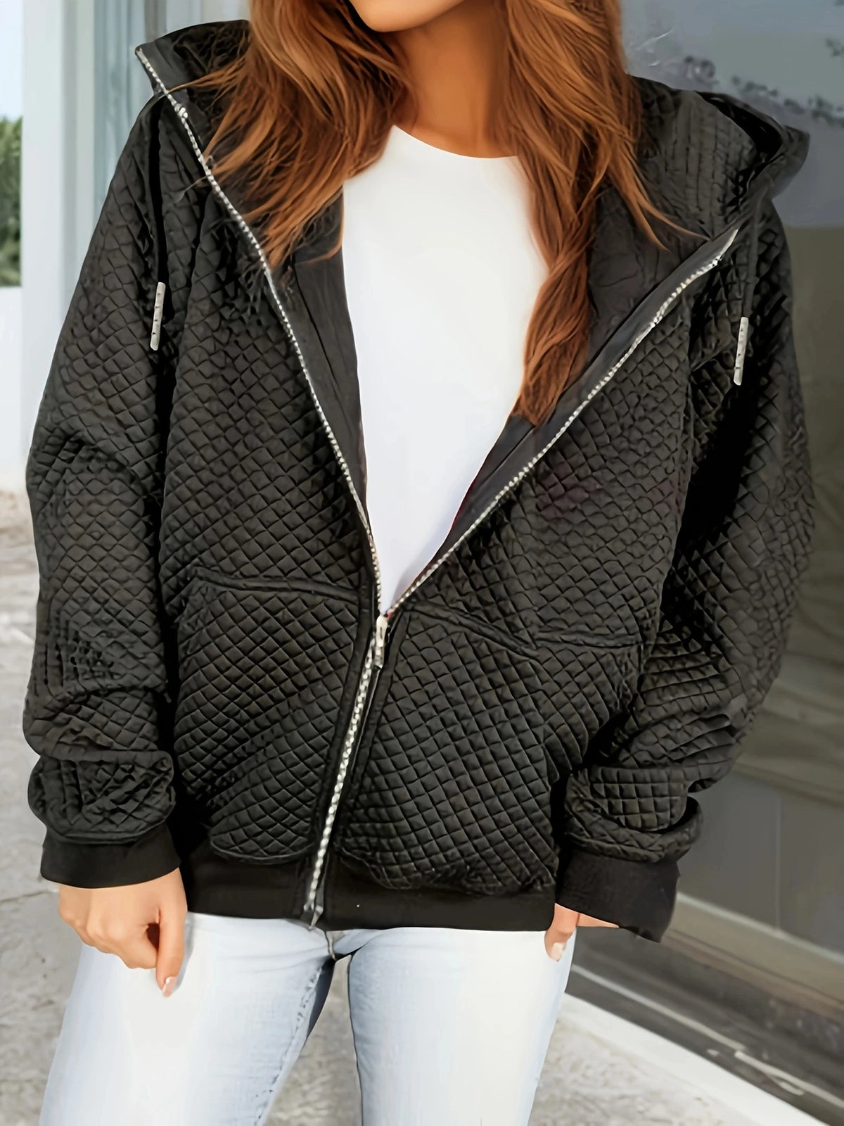 Plus Size Black Diamond Quilted Stand Collar Zip-Up Jacket Loose Casual Textured Pocket Versatile Cropped Jacket